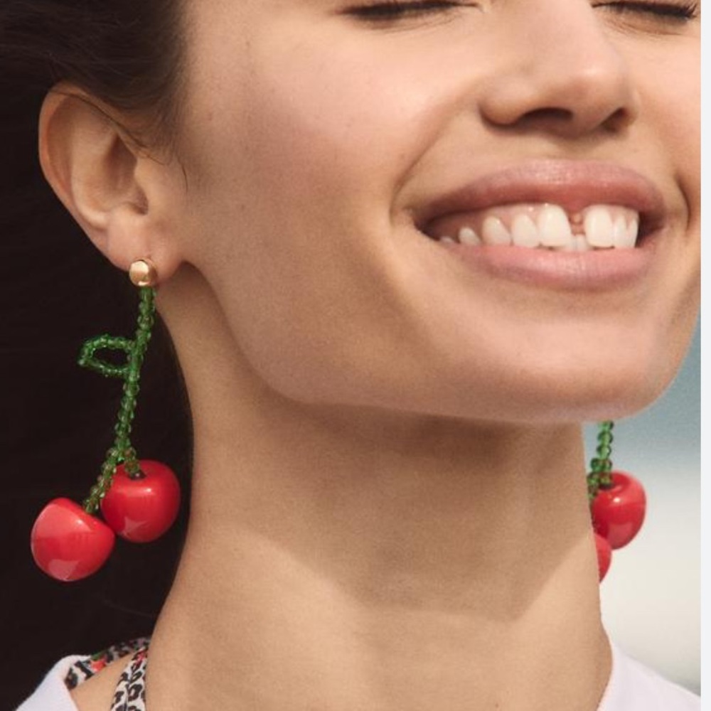 Zara Green-Stem Red Cherry Drop Earrings